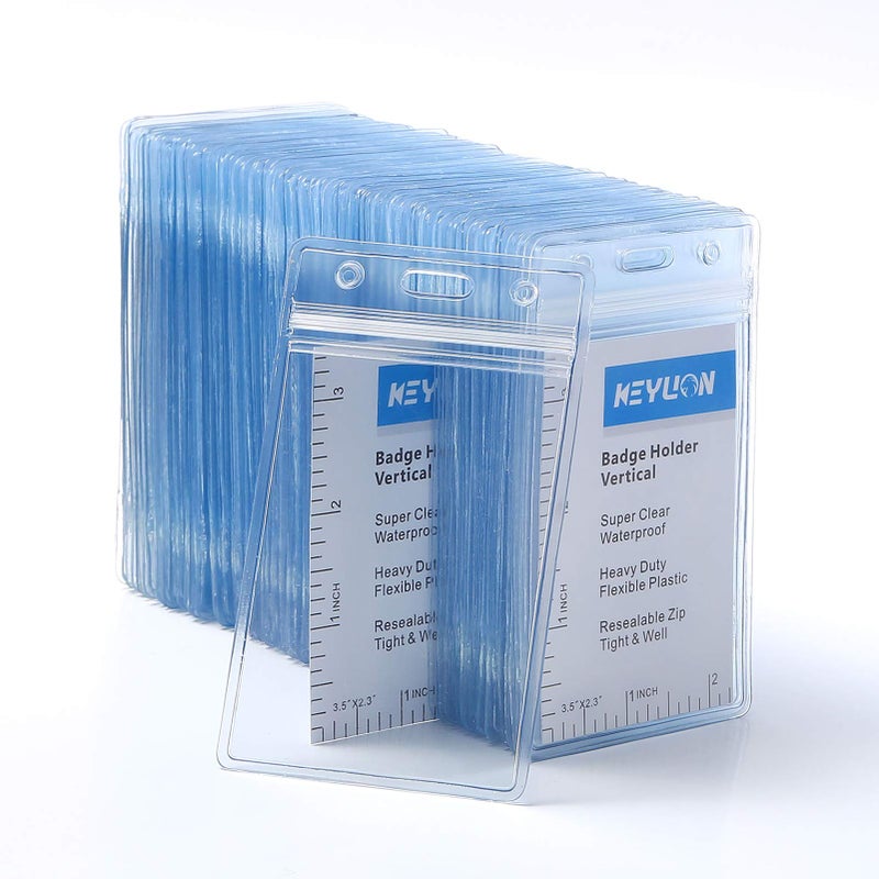 KEYLION 100 Pack ID Card Name Badge Holder  Heavy Duty Clear Transparent Plastic PVC Vertical Sleeve Pouch with Waterproof Type Resealable Zip